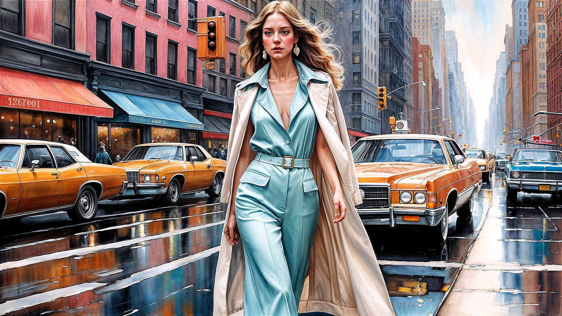 Fashionable Woman in Blue Jumpsuit on City Street