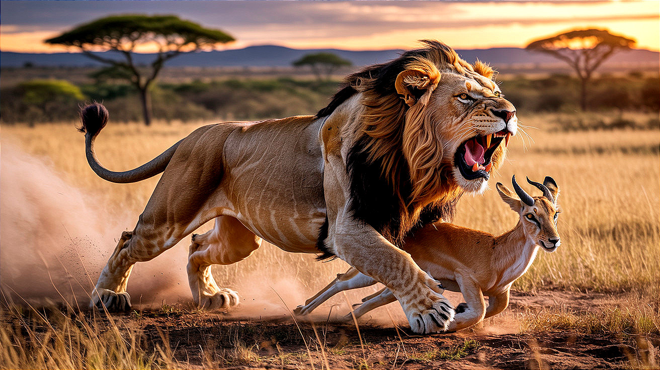Lion Hunt in Sunlit Savanna Grassland Scene