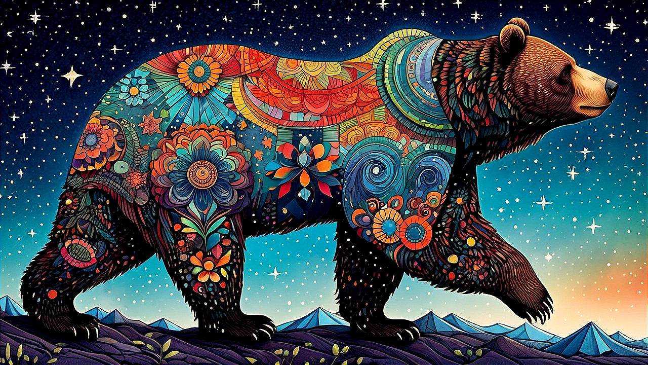 Majestic bear with floral patterns in starry night sky