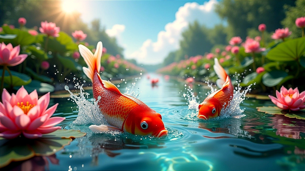 Vibrant Koi Fish in a Serene Pond with Lily Pads