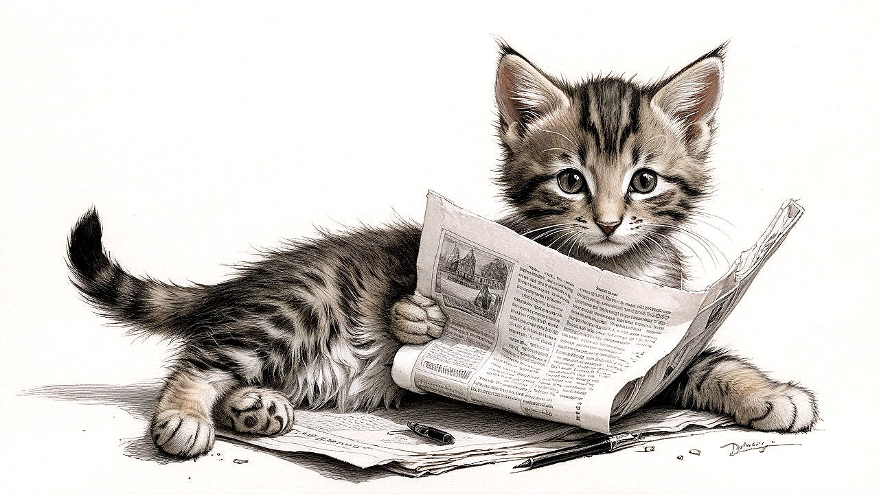 Tabby Kitten Playing Among Scattered Newspapers