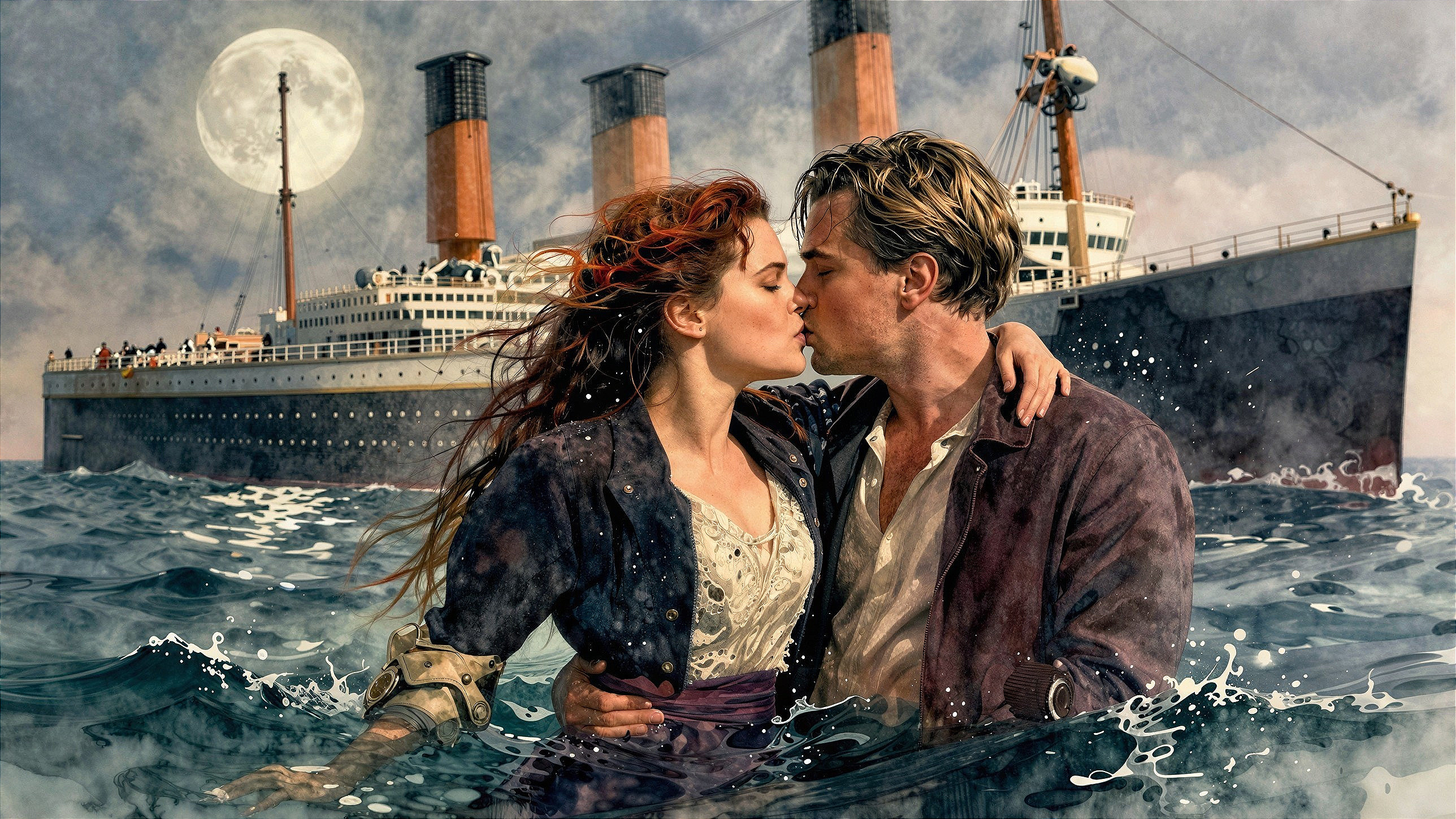 Realistic Oil Painting of Titanic Characters Kissing