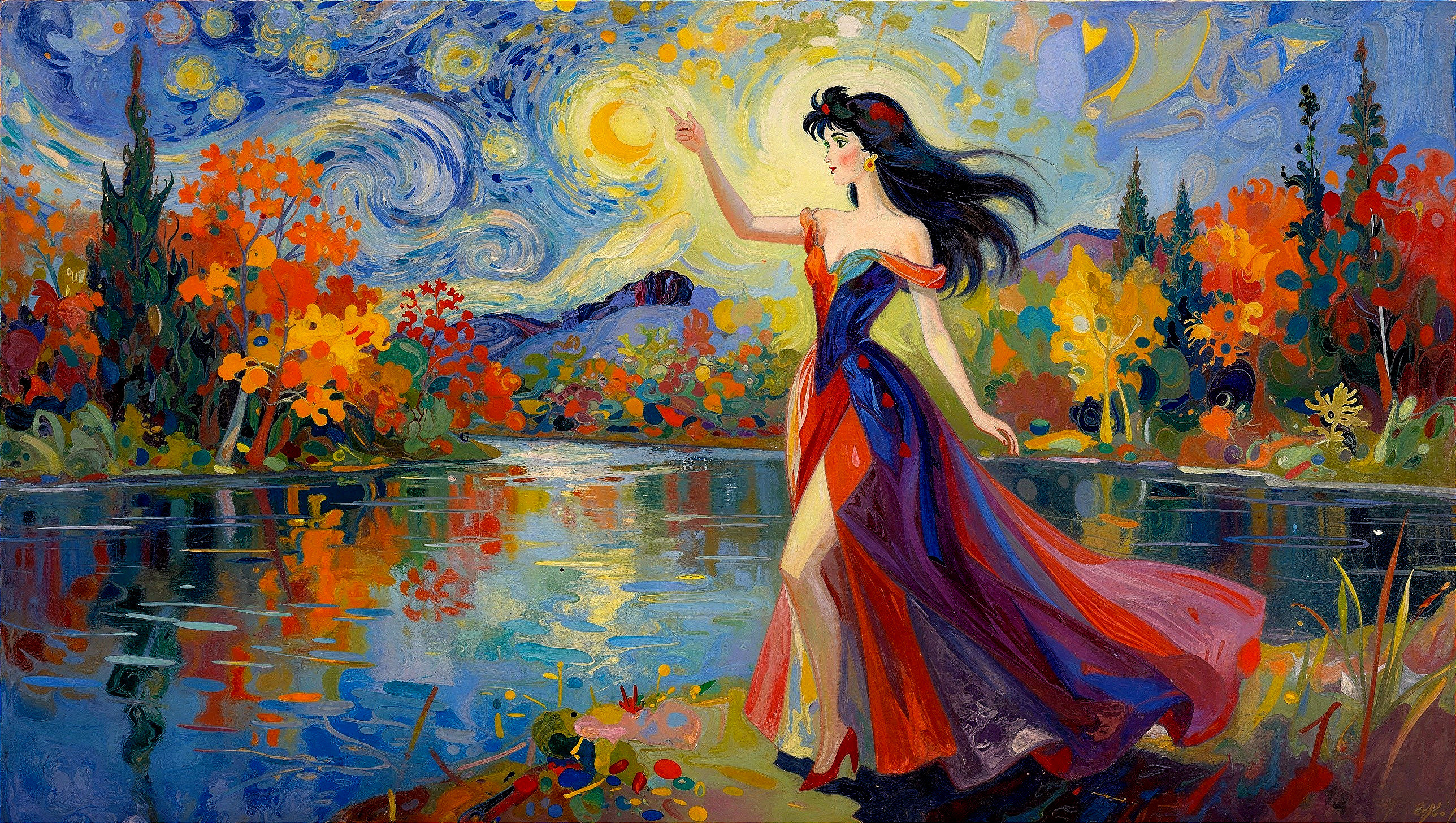 Vibrant painting of a woman by a moonlit water scene