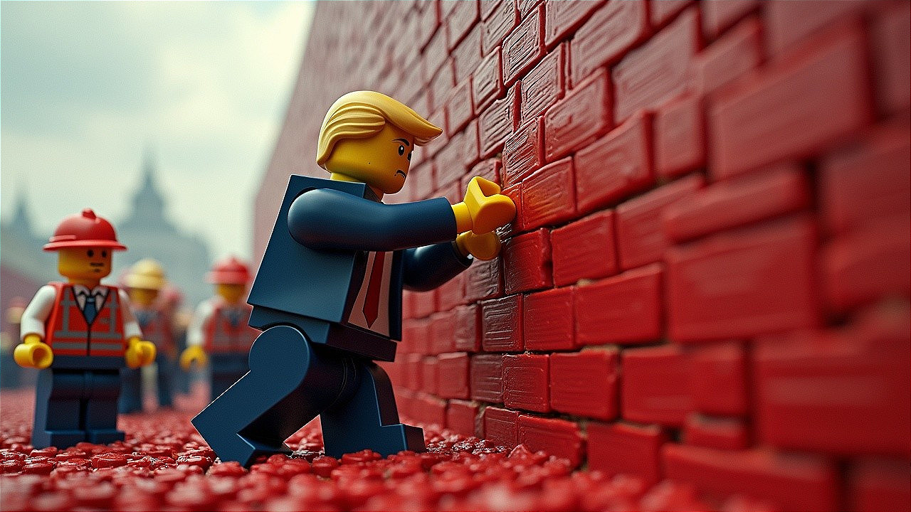 Businessman Figure Pushing Against Red Wall in LEGO Scene