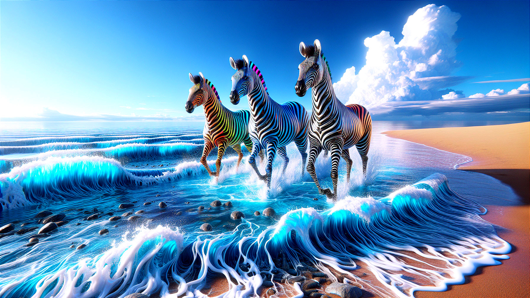 Zebras with Rainbow Stripes Galloping on Beach