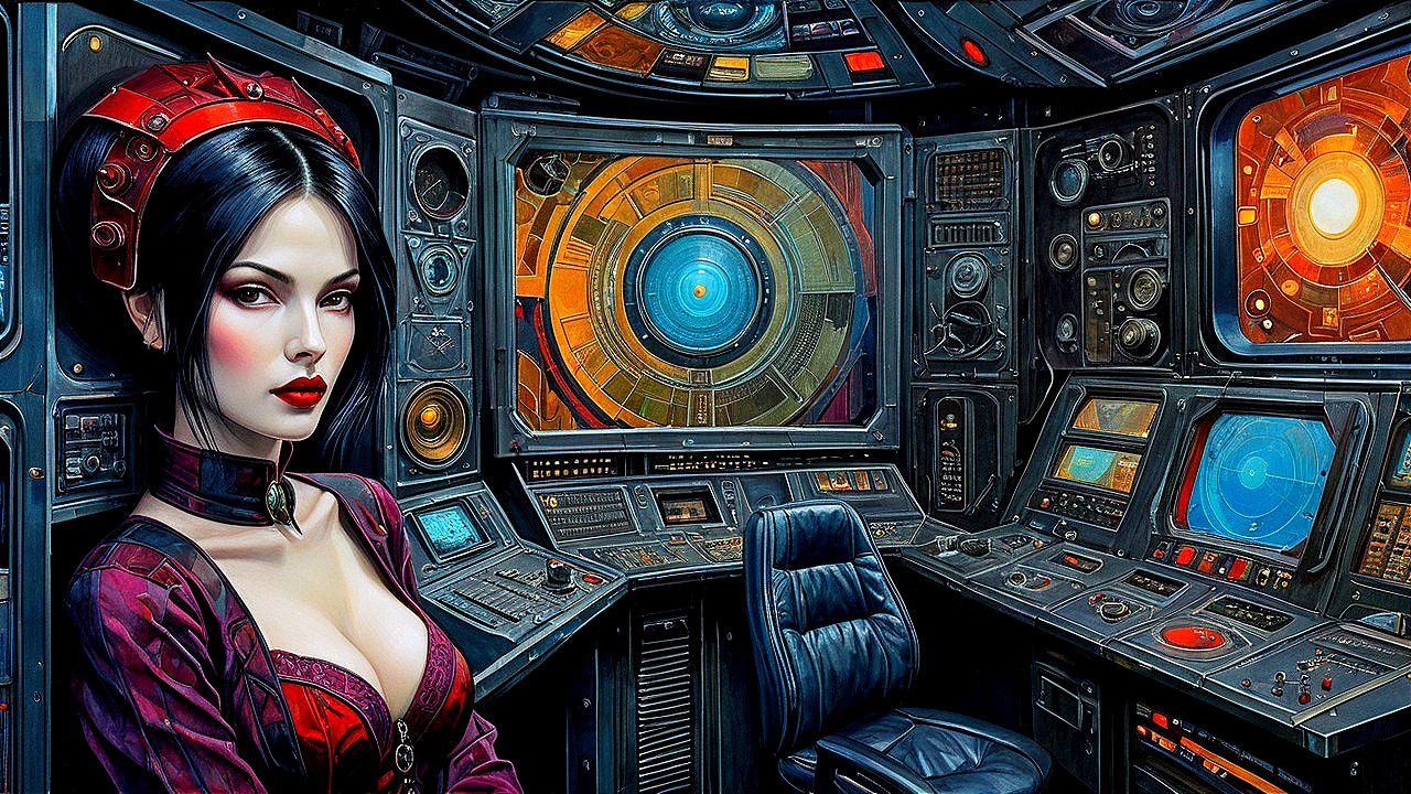 Futuristic Control Room with Intricate Machinery and Woman
