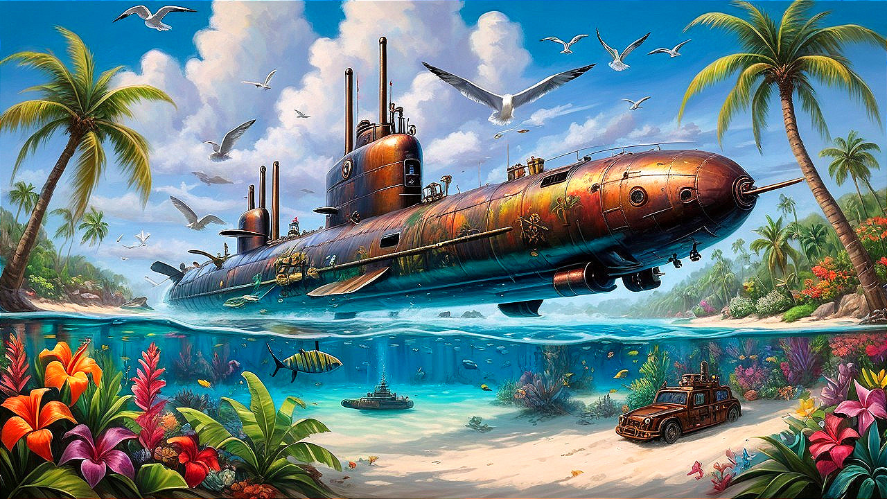 Futuristic Submarine in Colorful Coral Reef Scene