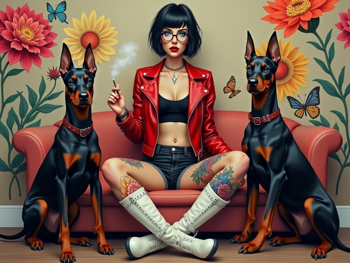 Stylish Woman with Dobermans on Pink Couch