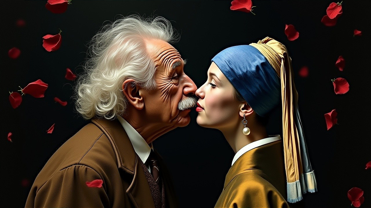 Whimsical Scene of Elderly Man and Young Woman Kissing