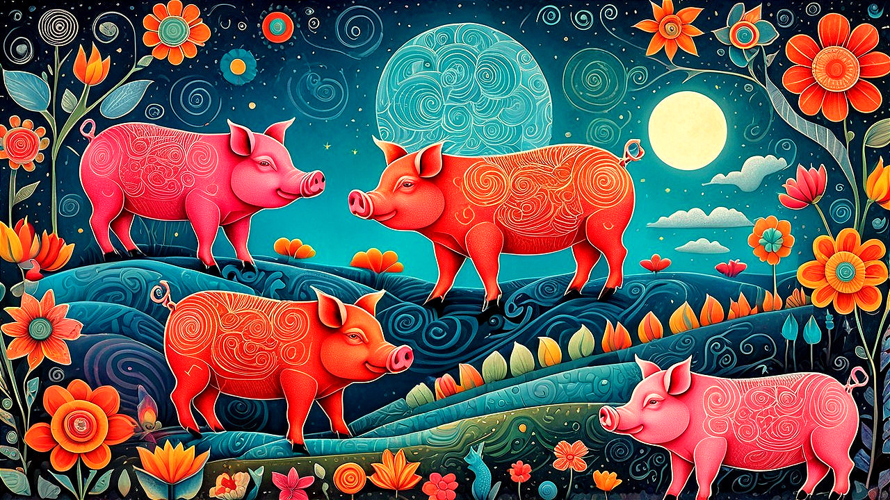 Whimsical Scene of Pink Pigs in Lush Landscape