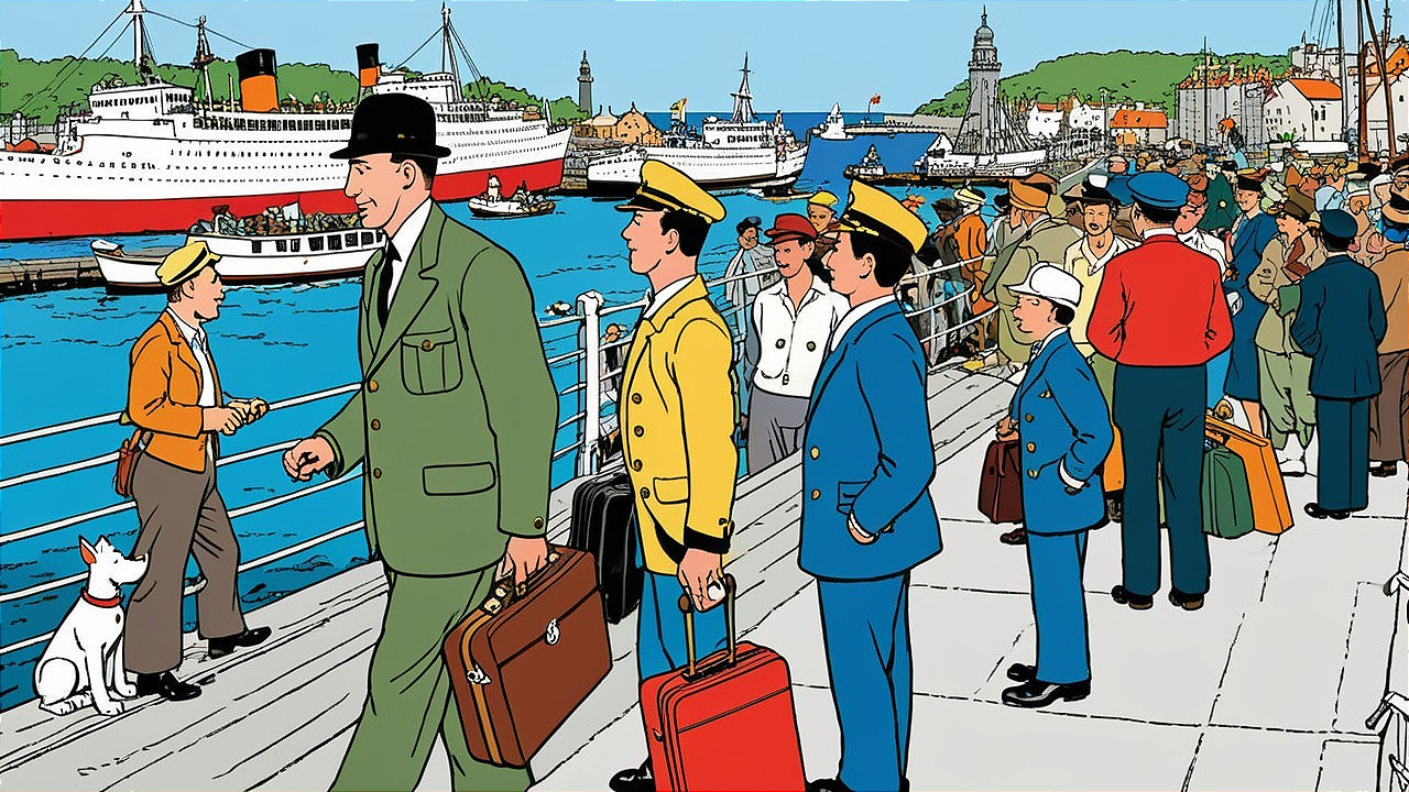 Vibrant Harbor Scene with Colorful Outfits and Boats