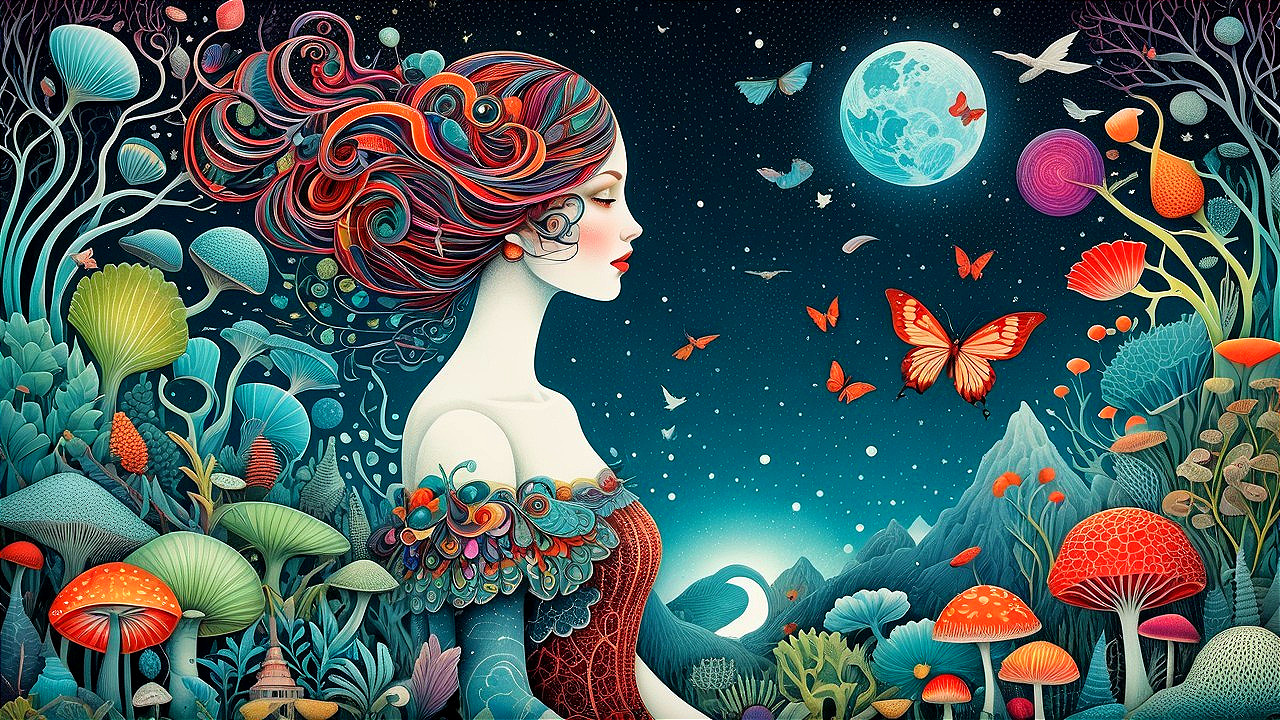 Serene Woman with Colorful Hair in Enchanted Landscape