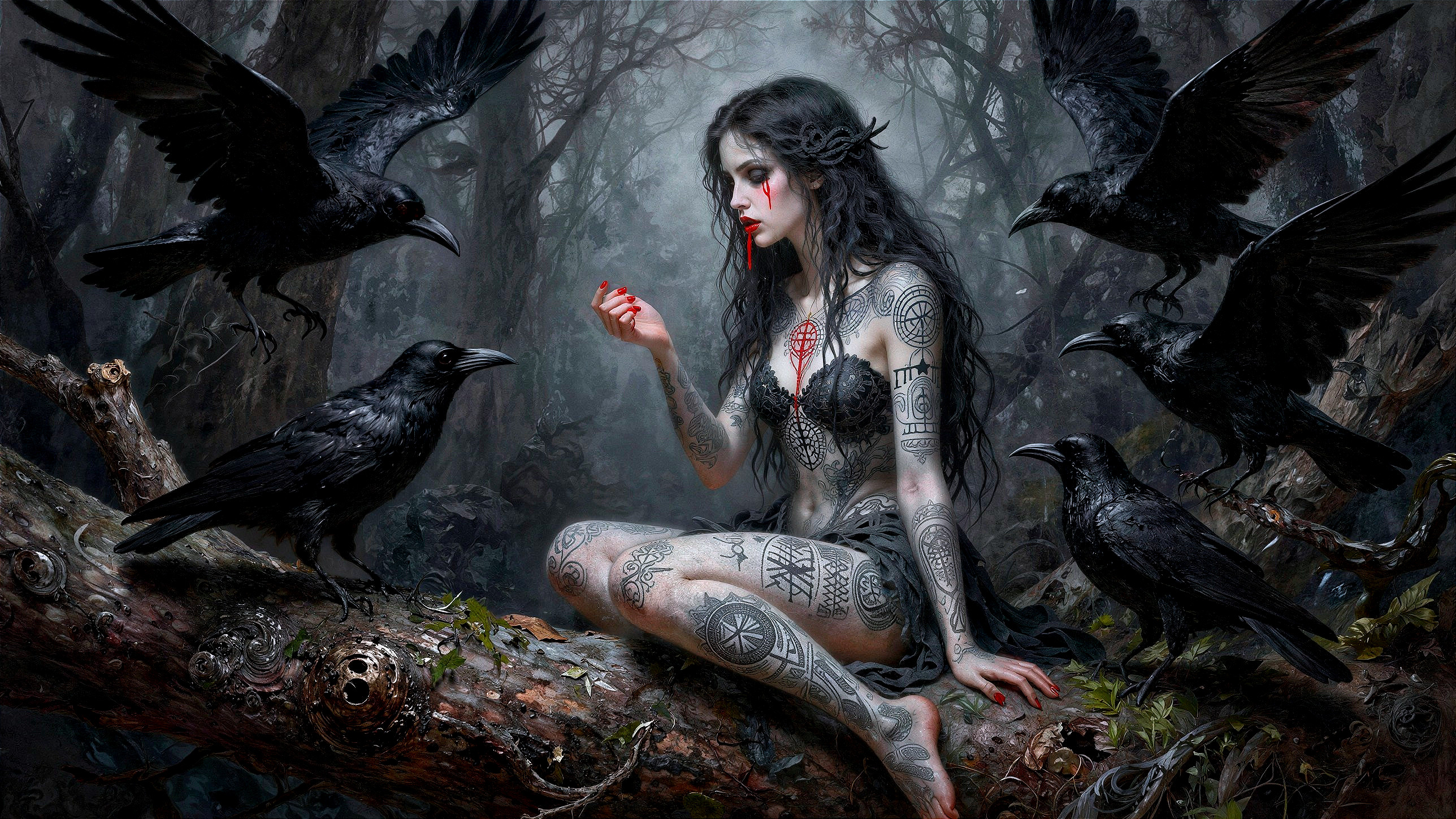 Detailed Fantasy Dark Art of a Pale Woman in Forest
