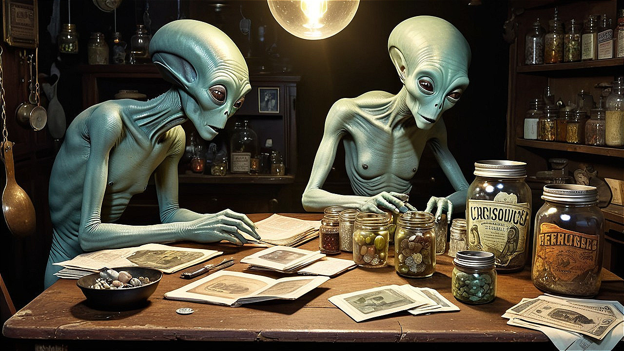 Green-Skinned Aliens Examining Colorful Artifacts