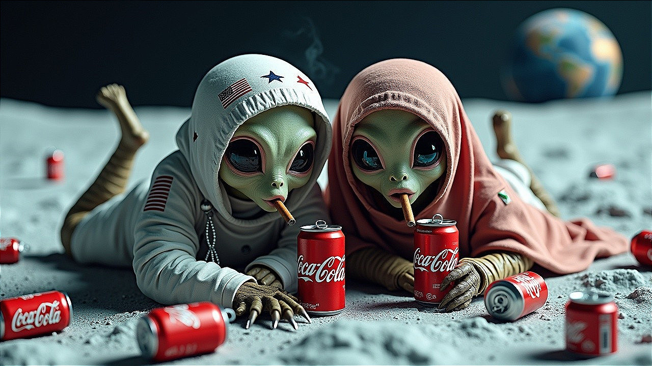 Whimsical aliens in space suits enjoying Coca-Cola on moon