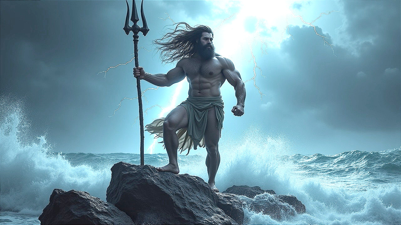 Imposing figure with trident on rocky outcrop during storm