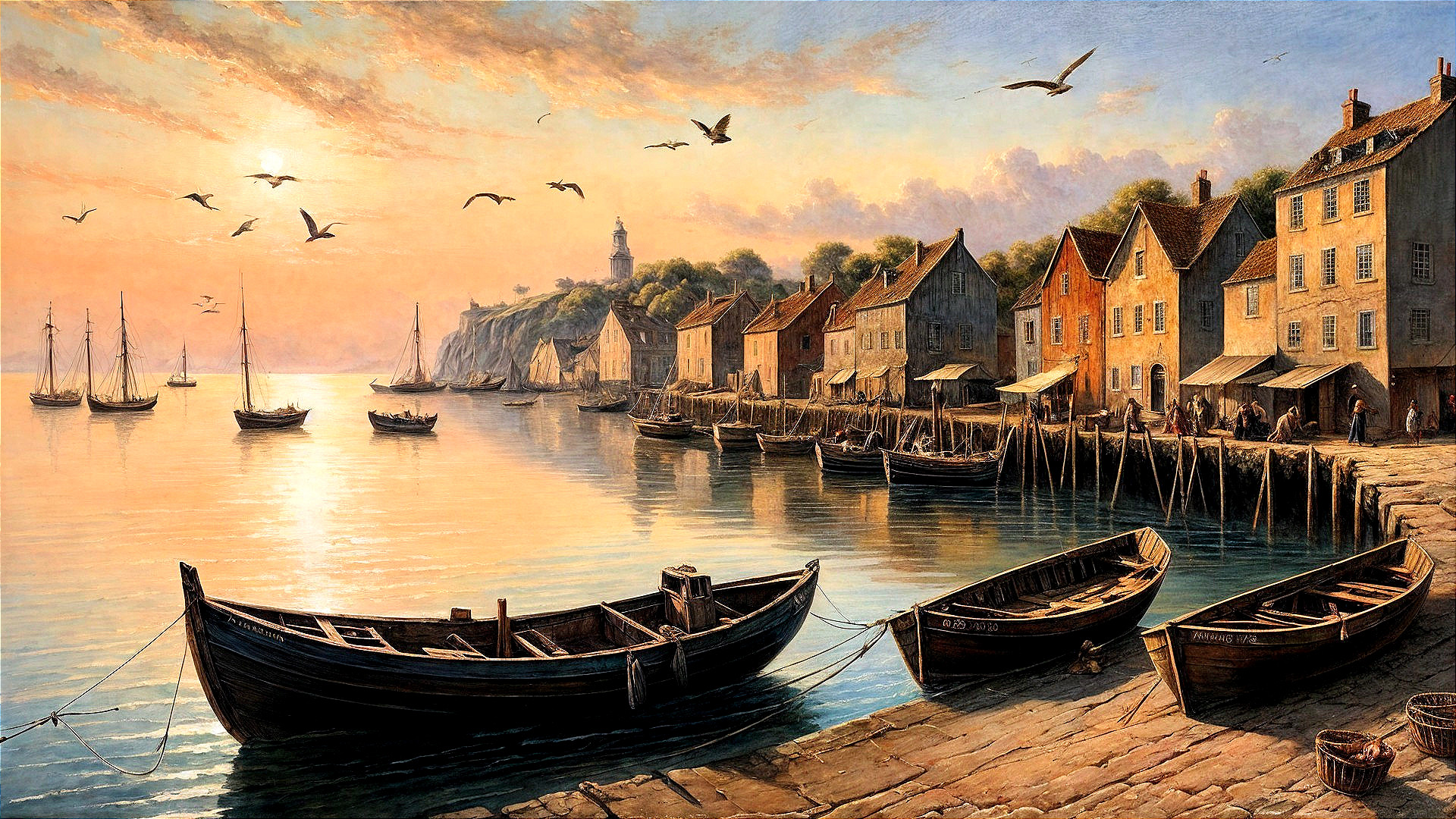 Tranquil Harbor at Sunset with Colorful Buildings