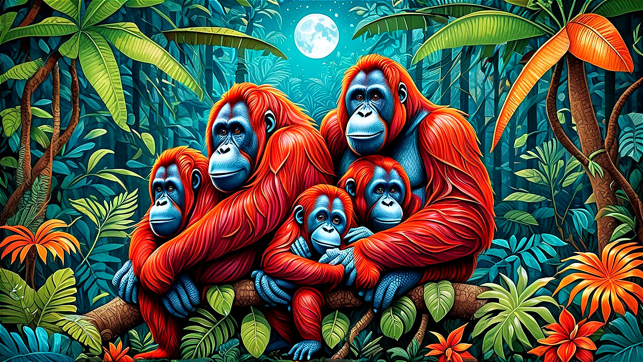 Orangutans in a Moonlit Jungle Setting
