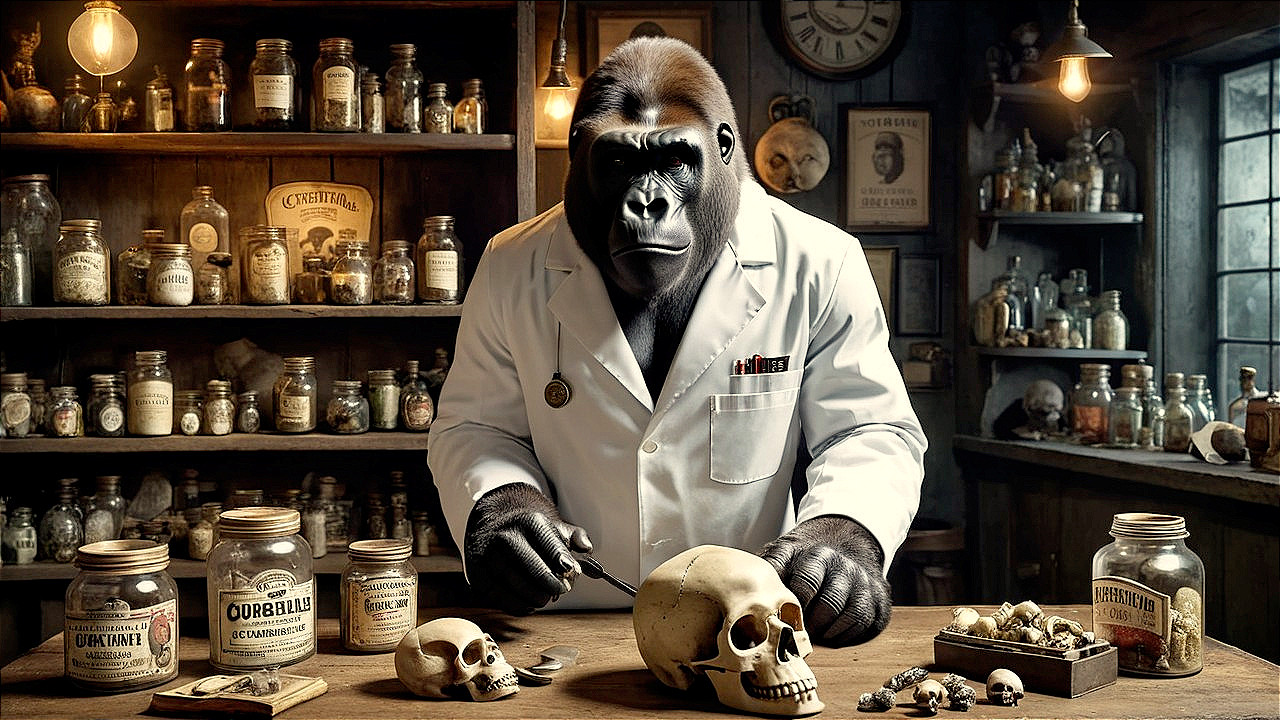 Gorilla in Lab Coat Conducting Experiment at Table