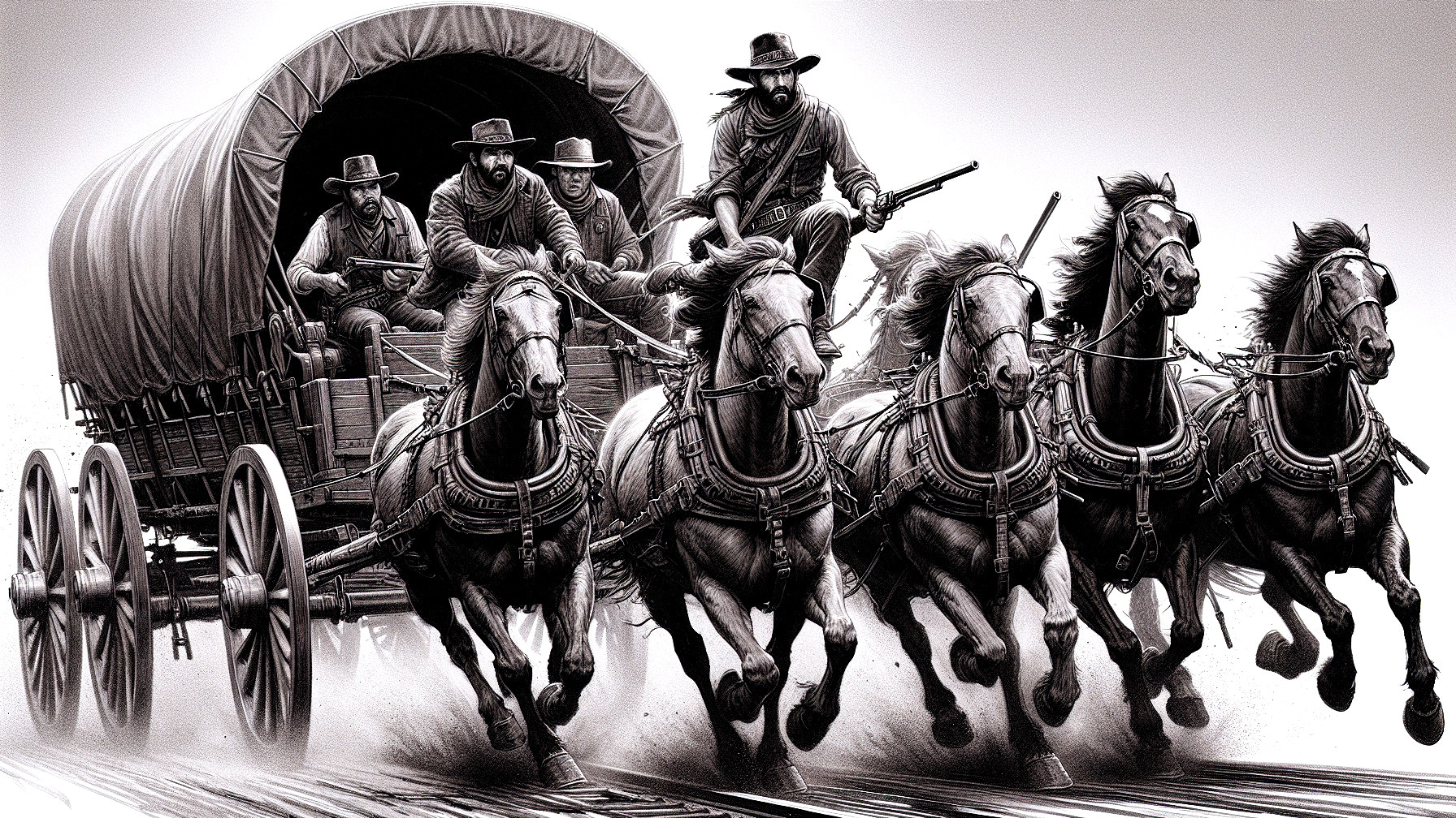 Stagecoach Race in Dusty Frontier Landscape