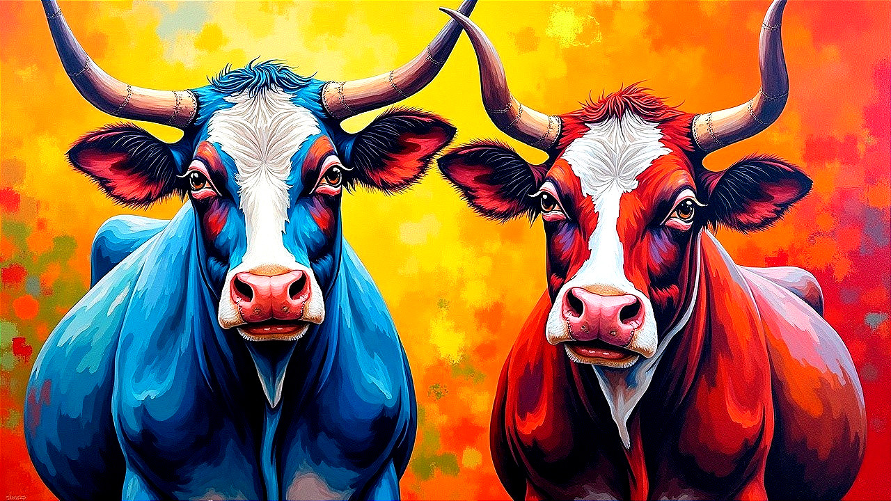 Colorful Artwork of Two Cows in Bold Hues