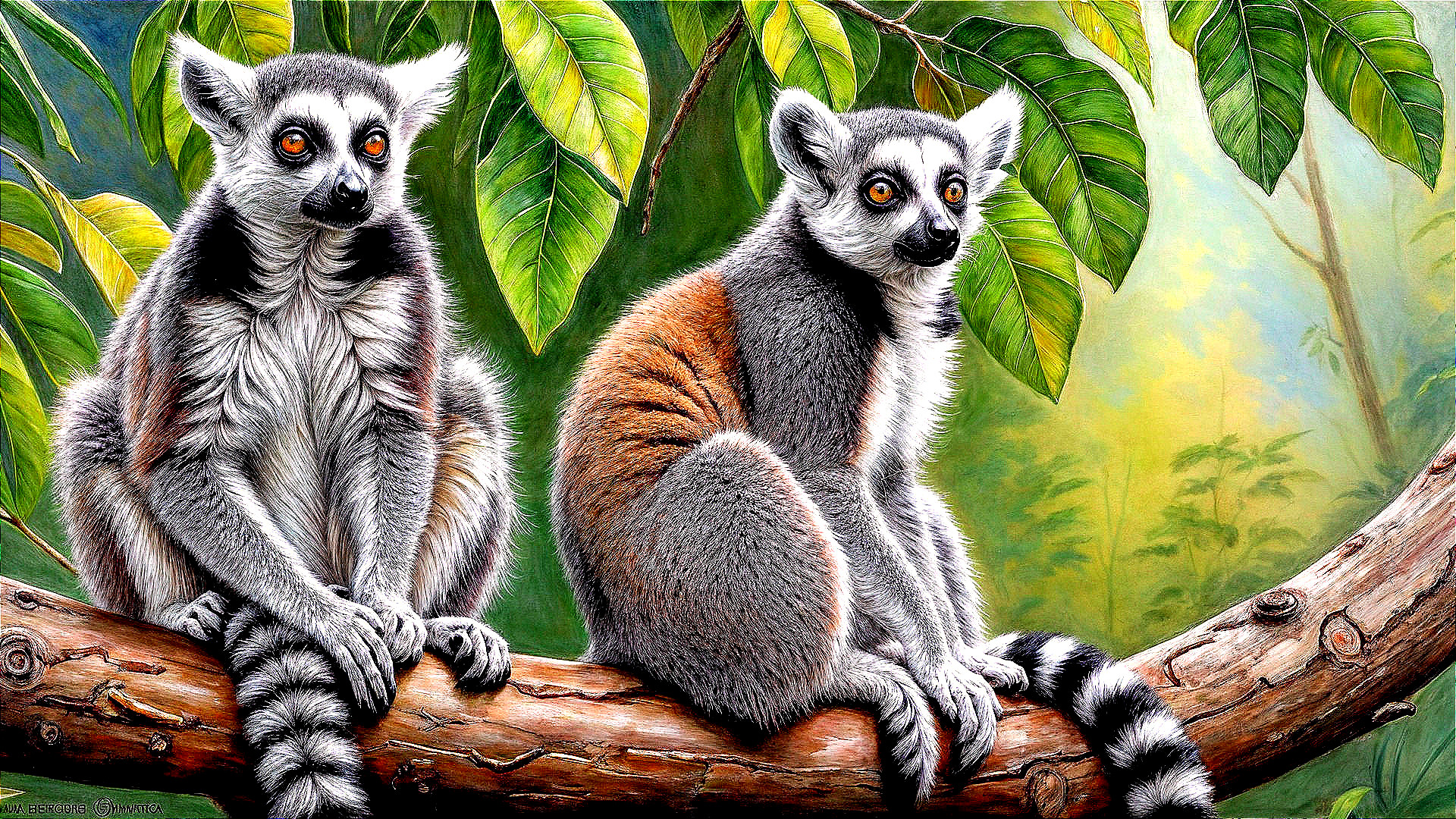 Ring-tailed lemurs on a branch in tropical foliage