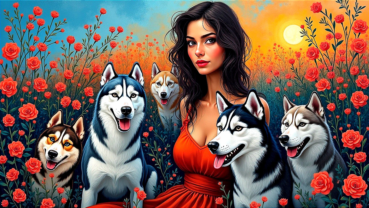 Woman in Red Dress with Huskies and Orange Roses