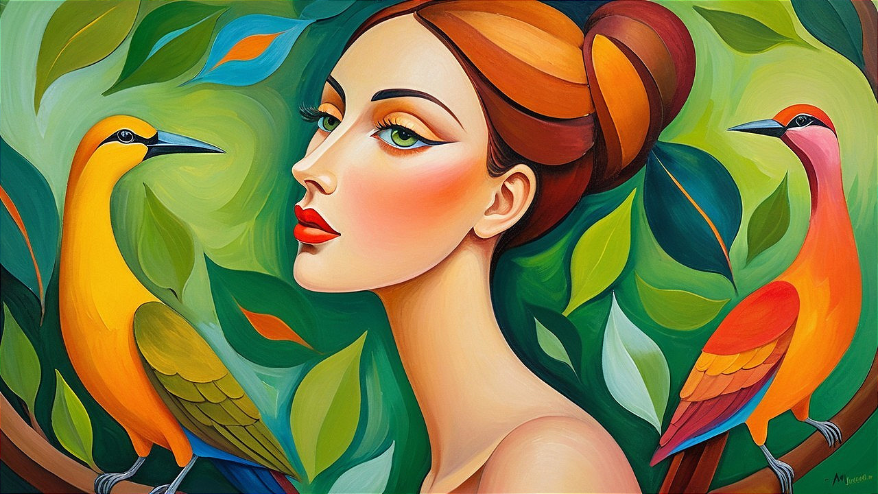 Stylized Woman Surrounded by Colorful Birds and Foliage