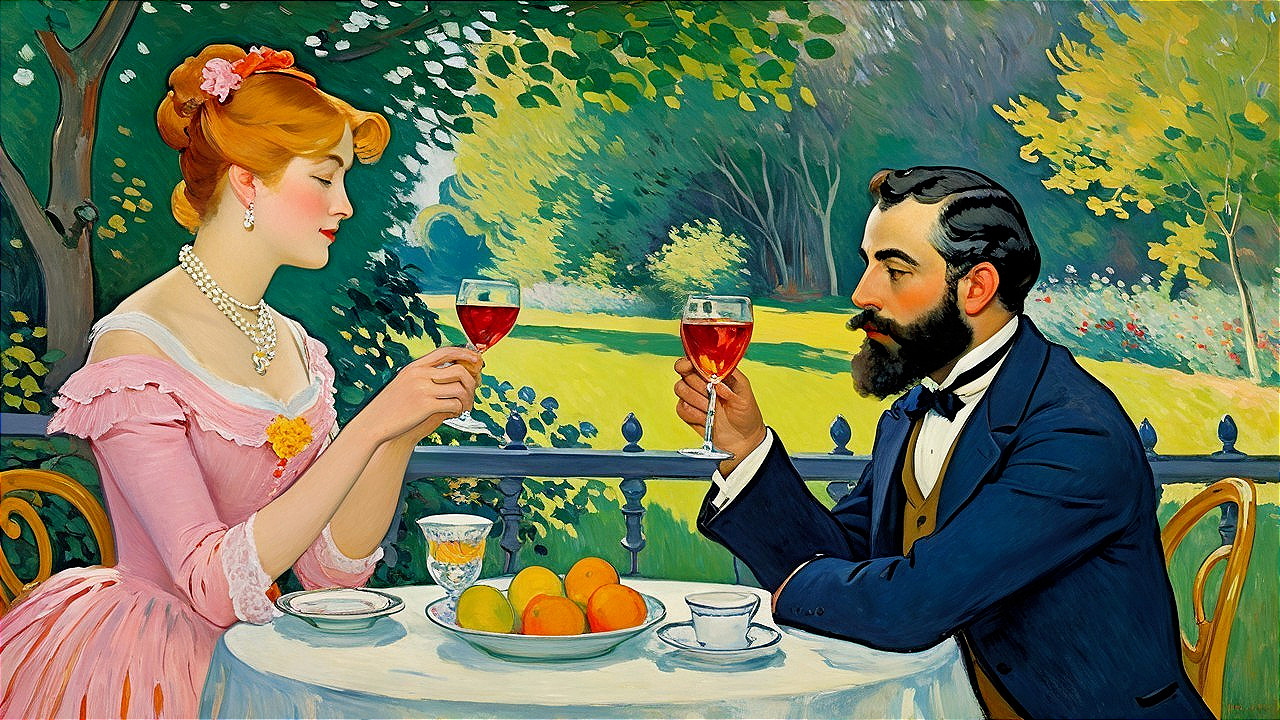 Elegant Outdoor Tea Setting with Refined Couple