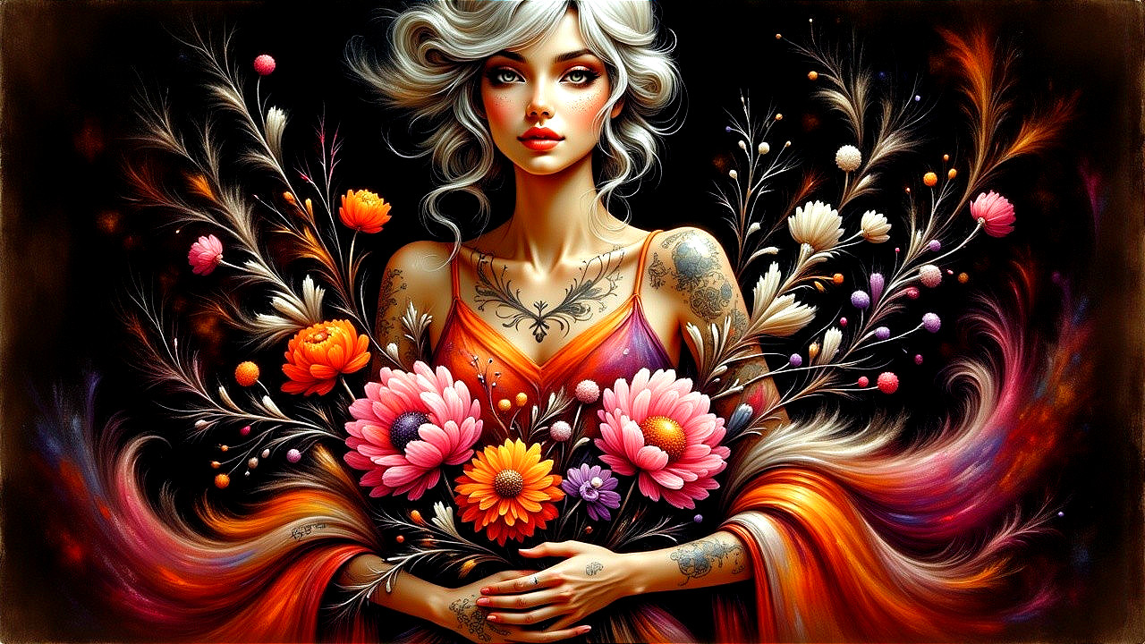 Woman with Silver Hair in Floral Dress and Tattoos