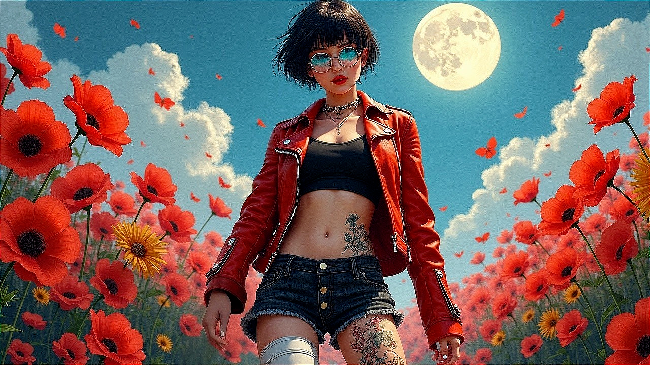 Young Woman in Red Jacket Among Poppies and Moonlight