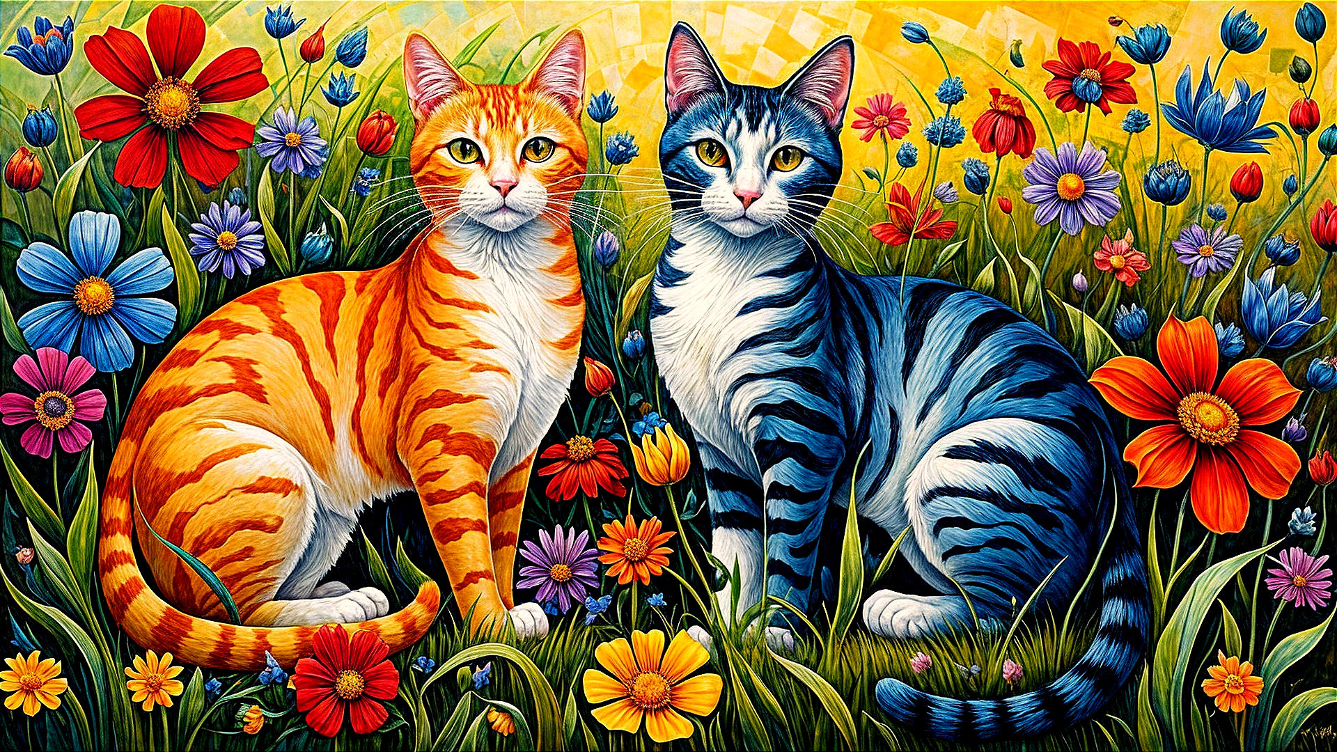 Illustration of Cats in a Colorful Flower Meadow