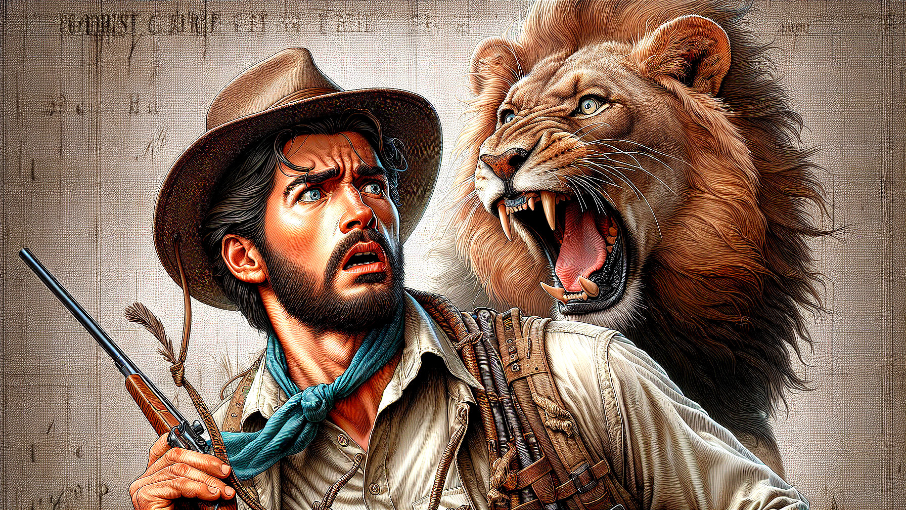 Explorer Confronts Roaring Lion in Wild Setting