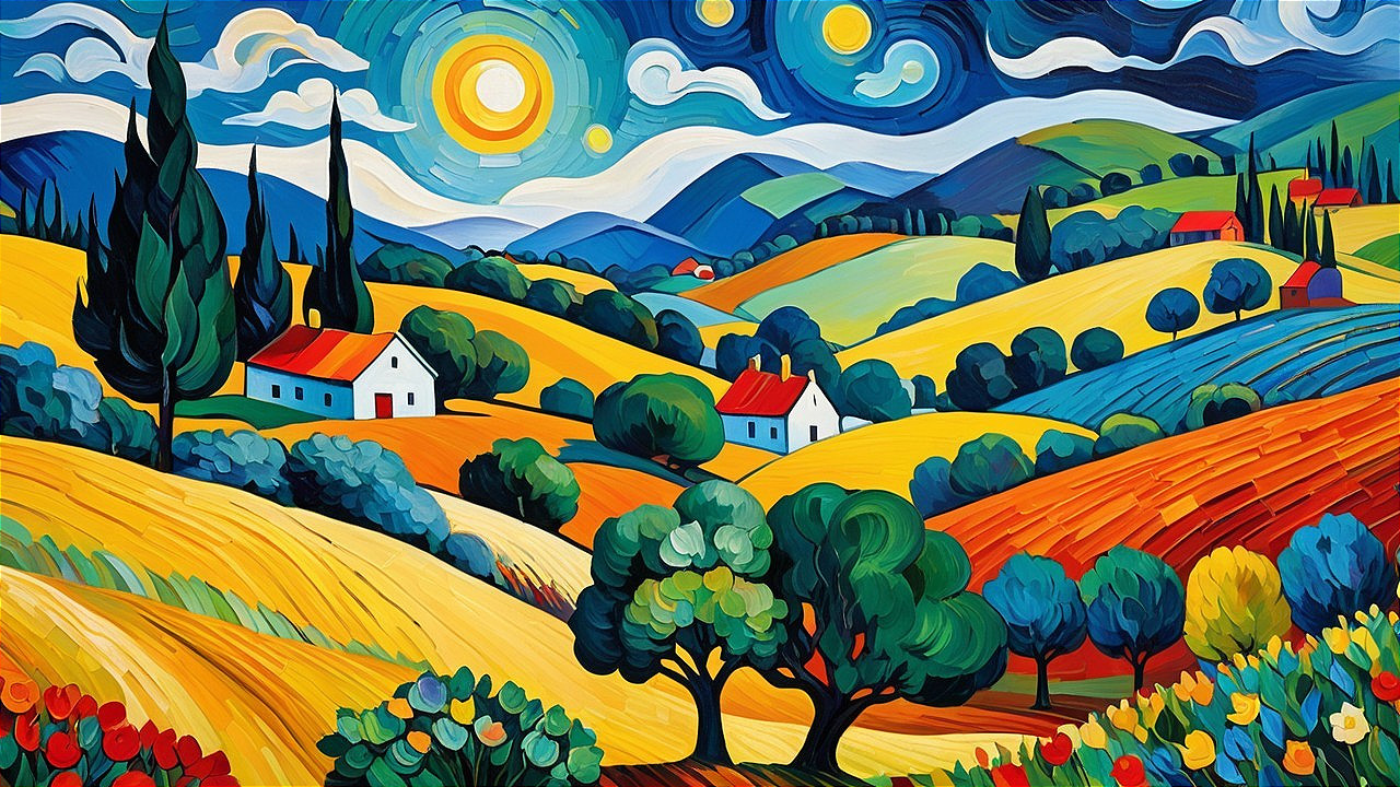 Vibrant Landscape with Rolling Hills and Blue Sky