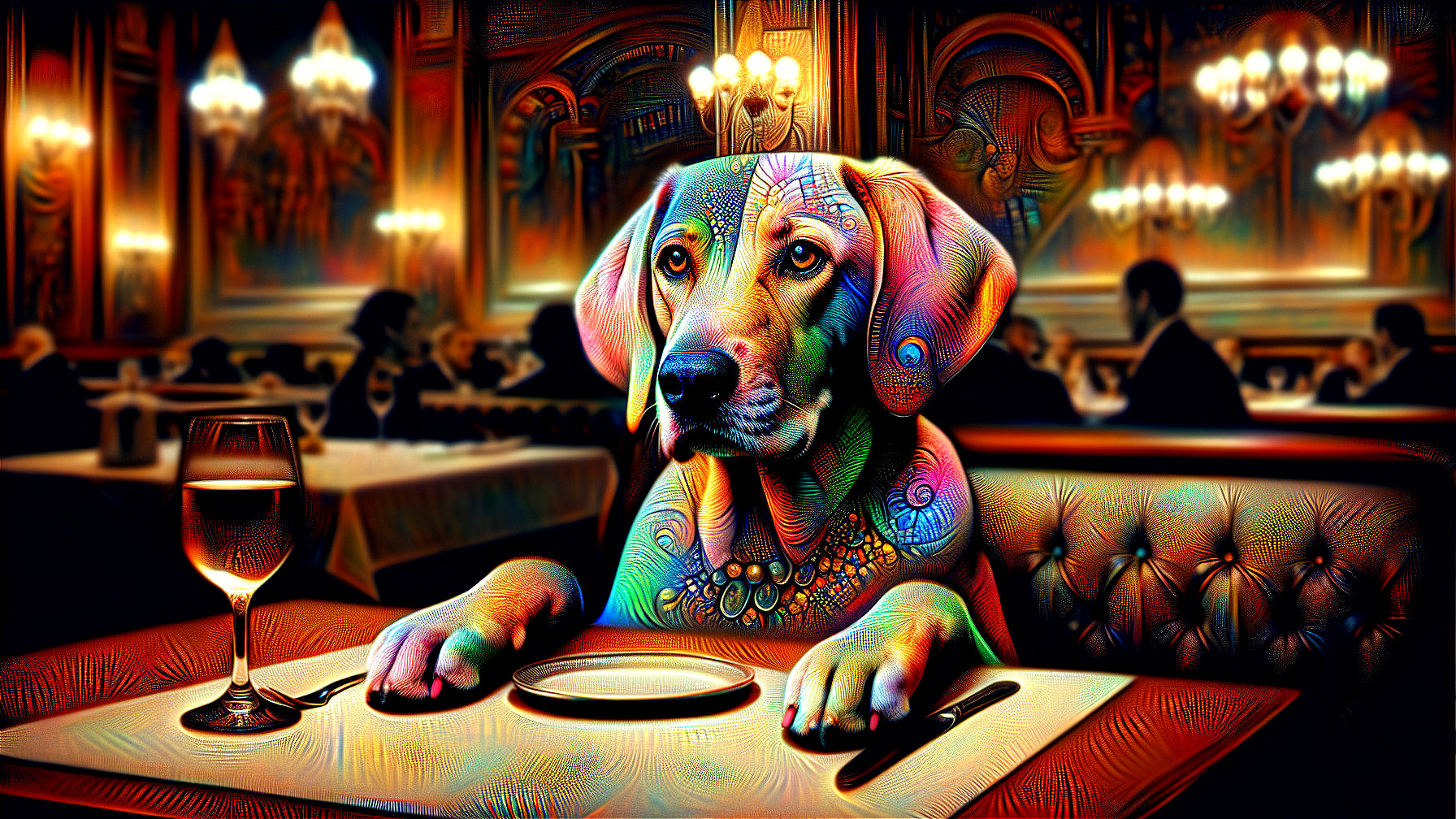 Abstract Dog at Elegant Restaurant Dining Table