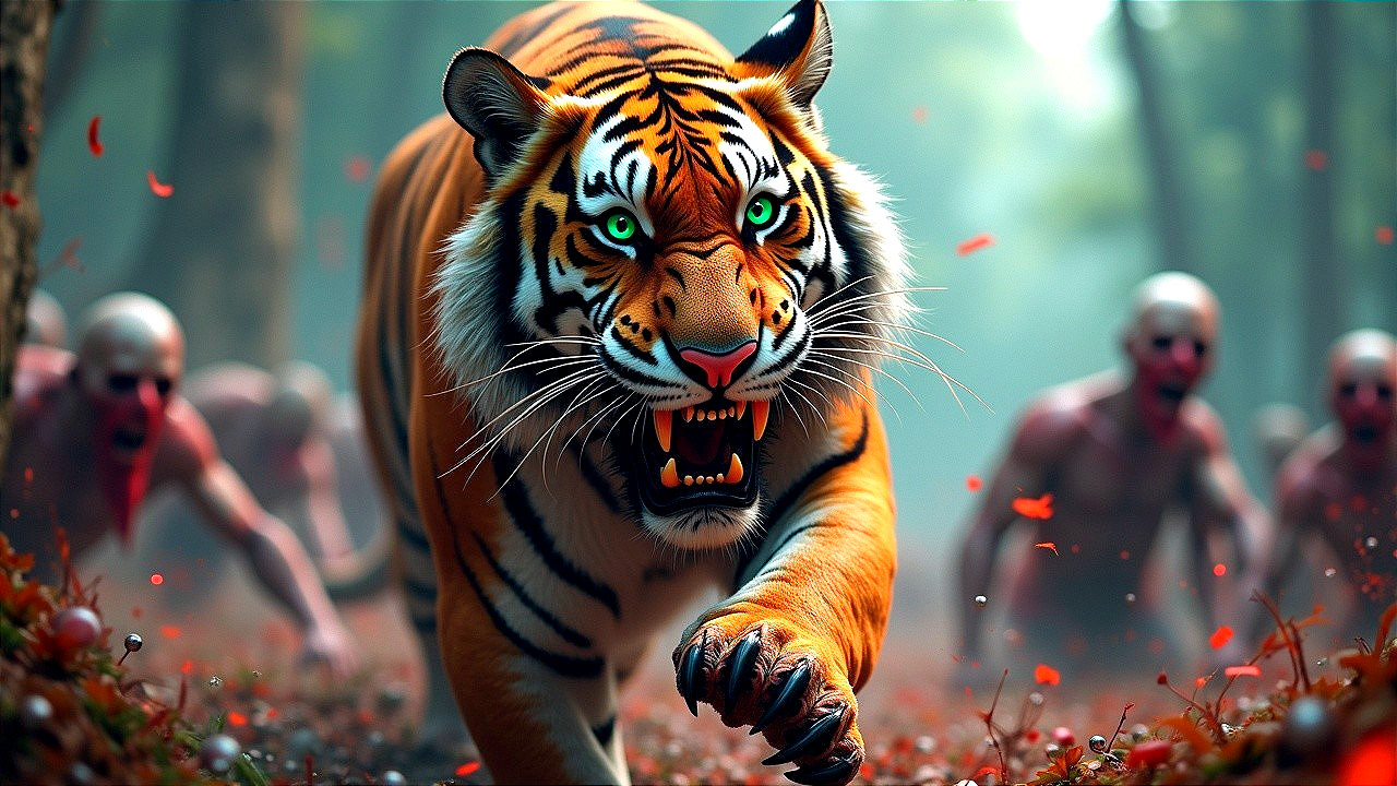 Tiger in Misty Forest with Eerie Background Figures
