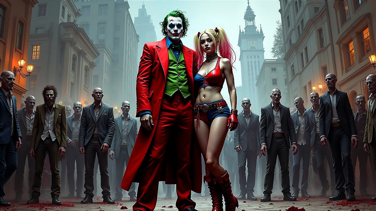 Joker and Harley Quinn in Ominous Urban Scene