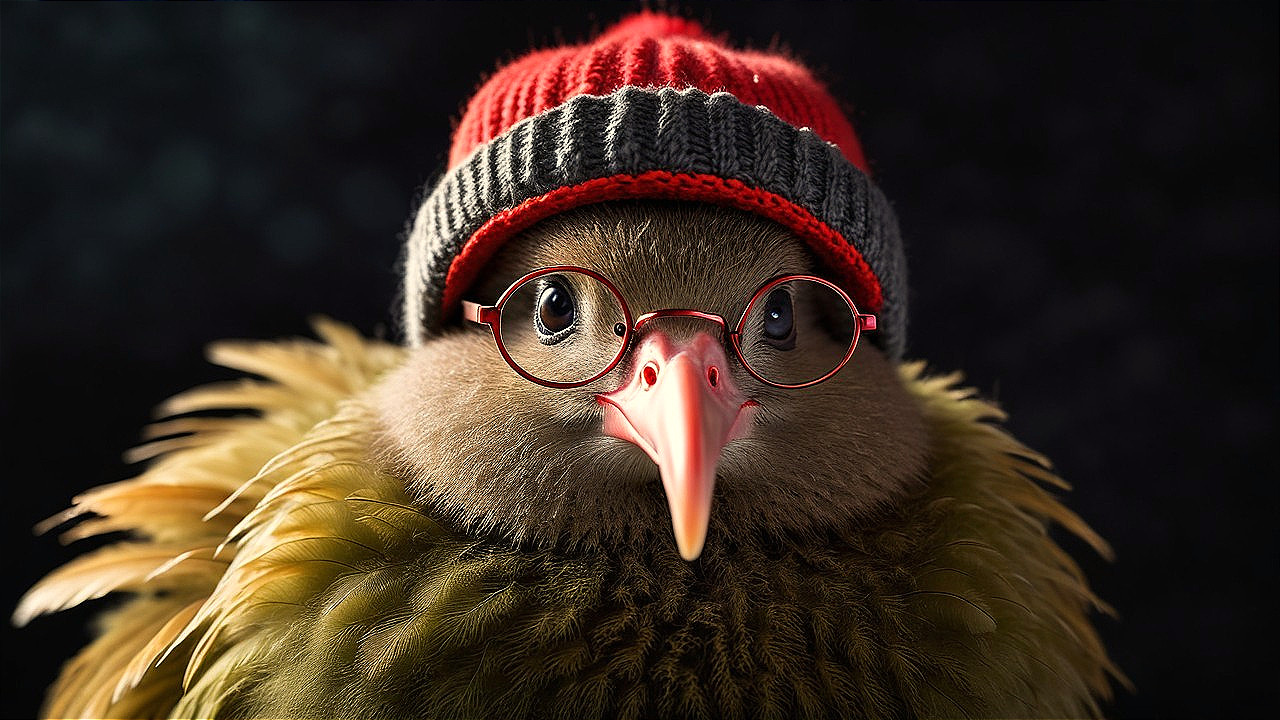Whimsical Bird in Red Beanie and Round Glasses Portrait