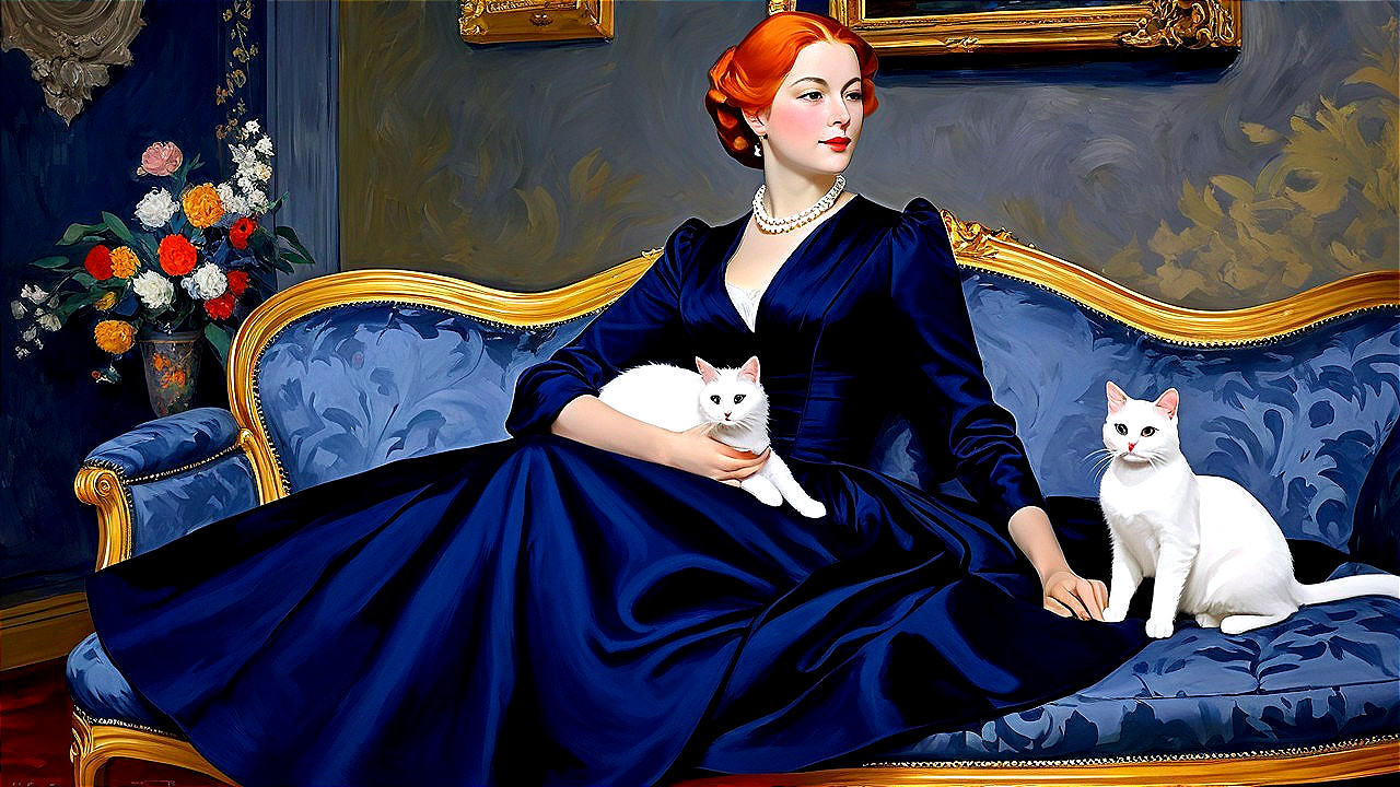 Elegant Woman in Blue Gown with White Cats