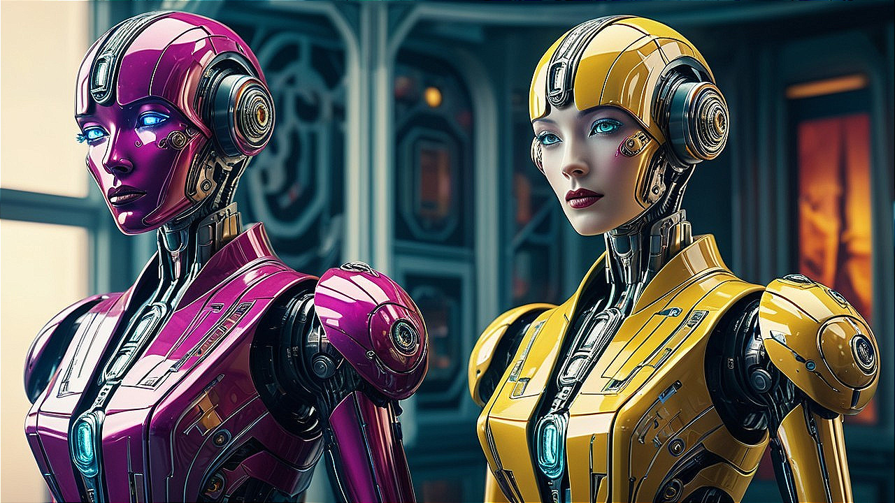 Futuristic Humanoid Robots in High-Tech Setting