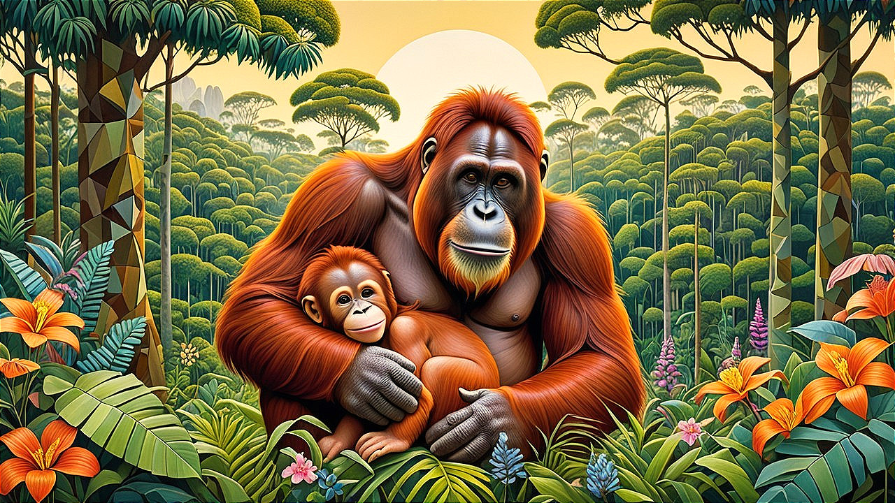 Parent Orangutan Embracing Young in Jungle Setting