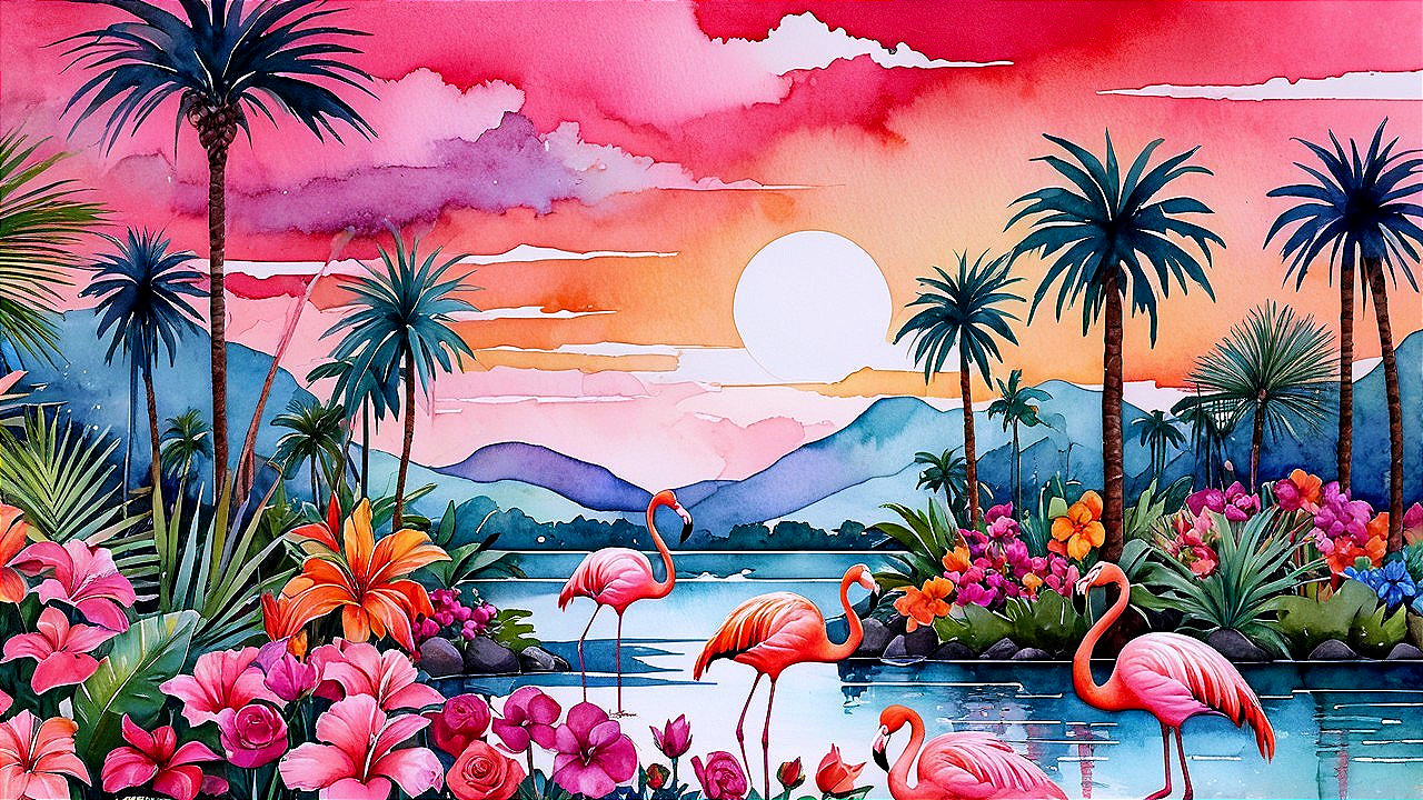Tropical Scene with Flamingos and Sunset Colors