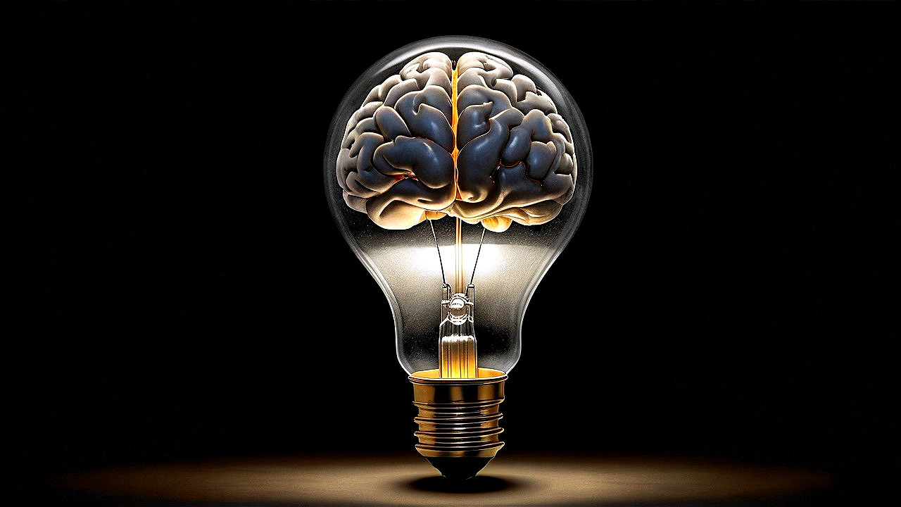 Light Bulb with Brain Sculpture Symbolizing Creativity