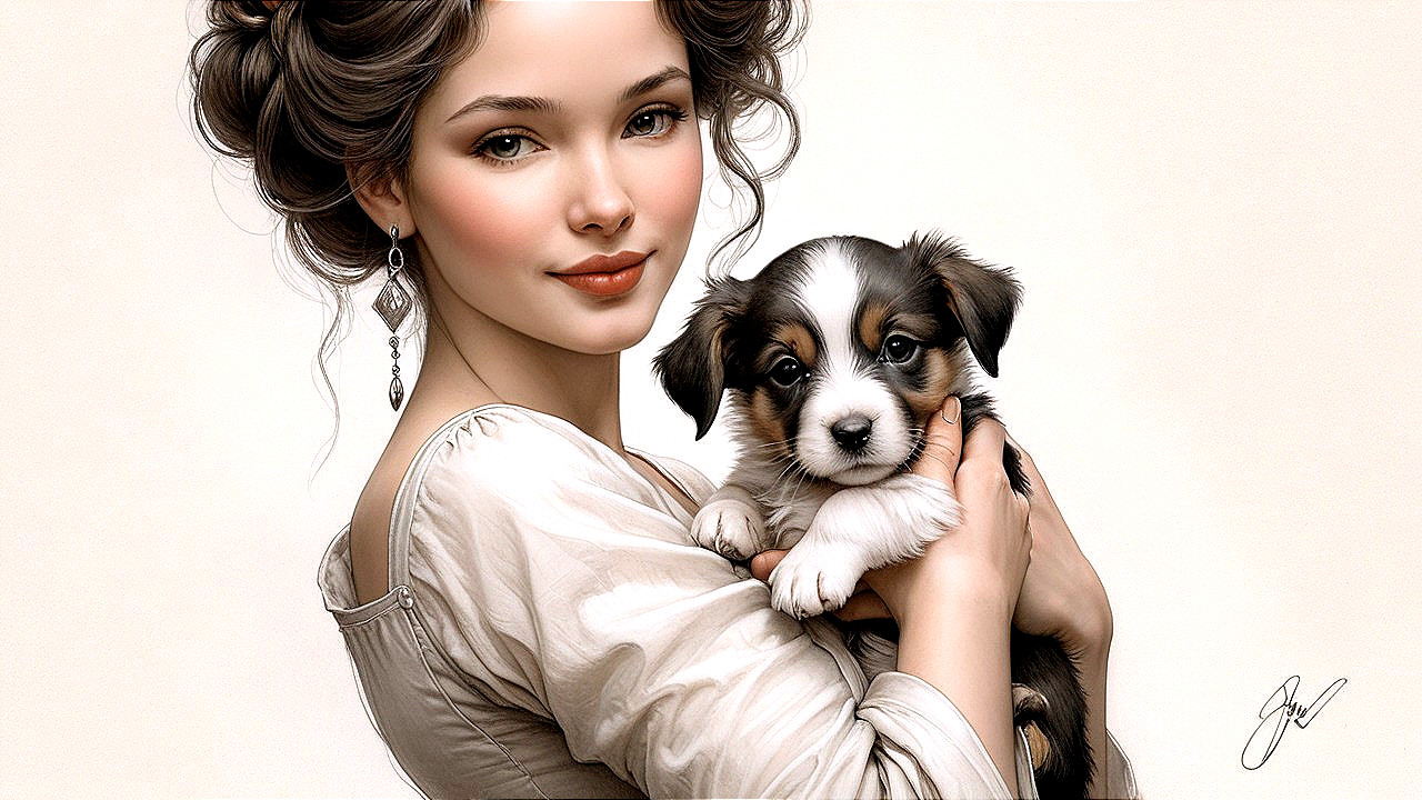 Young woman with puppy in vintage dress scene