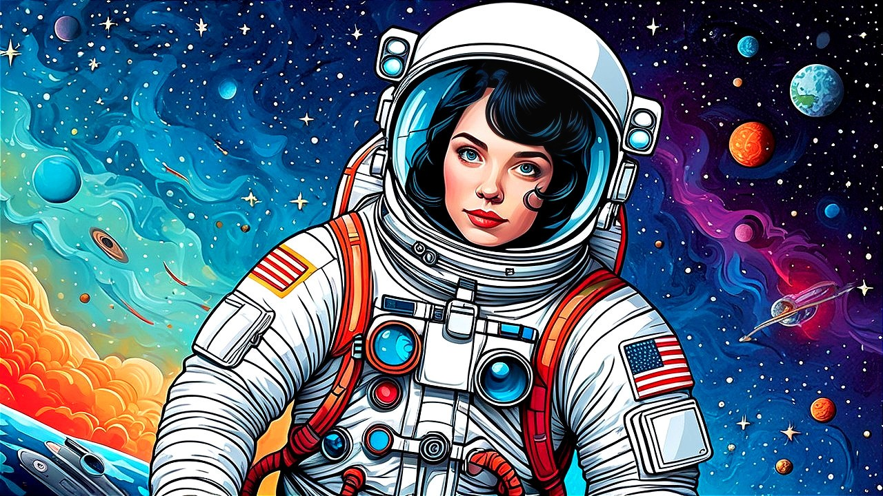 Astronaut in Space with Colorful Planets and Galaxies