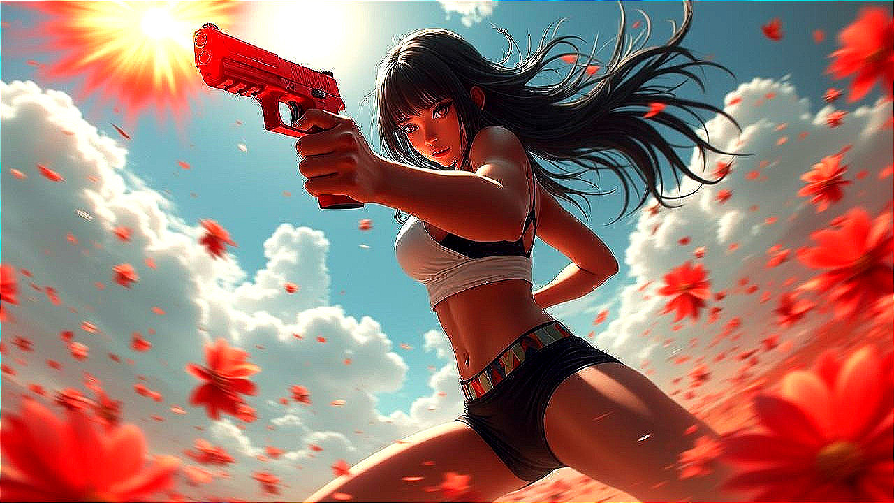 Fierce Woman with Pistol Against Blue Sky and Flowers