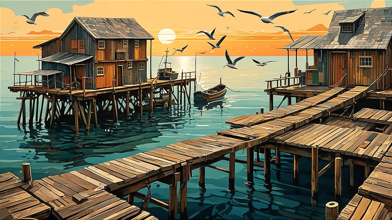 Tranquil Seaside Scene with Wooden Houses and Sunset