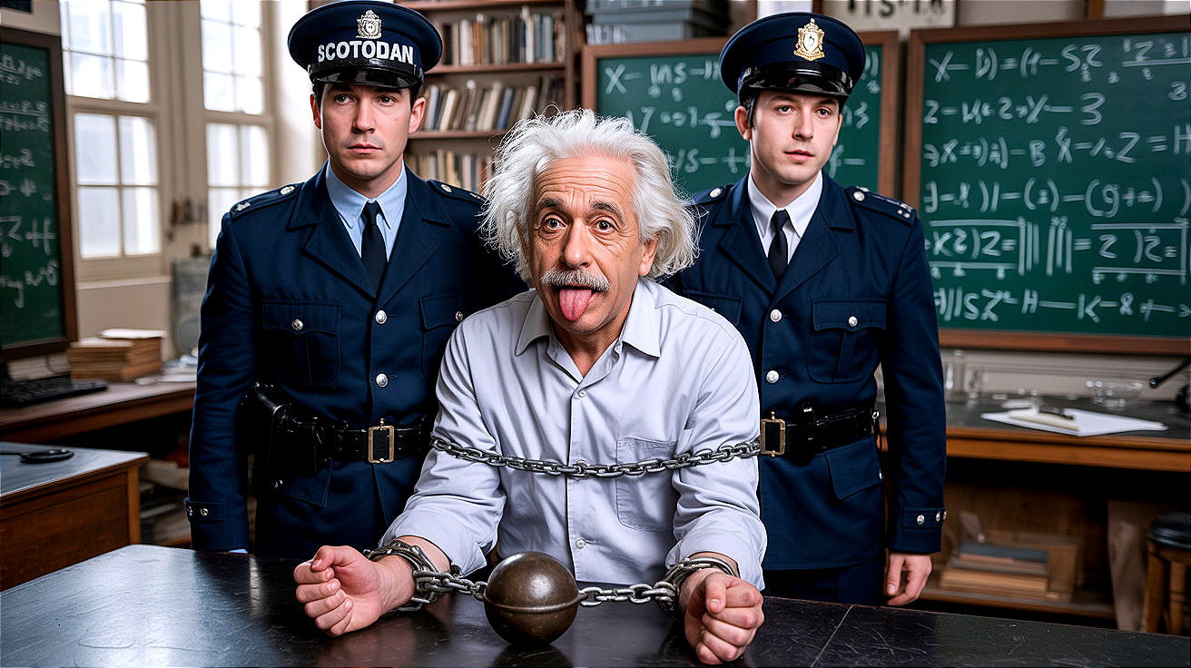 Elderly Man in Chains Amidst Academic Equations