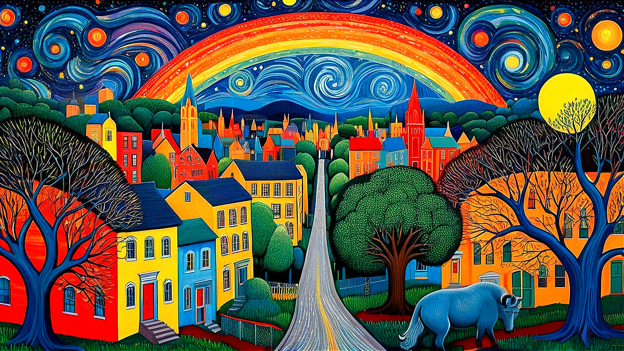 Whimsical Town Under Starry Sky and Rainbow