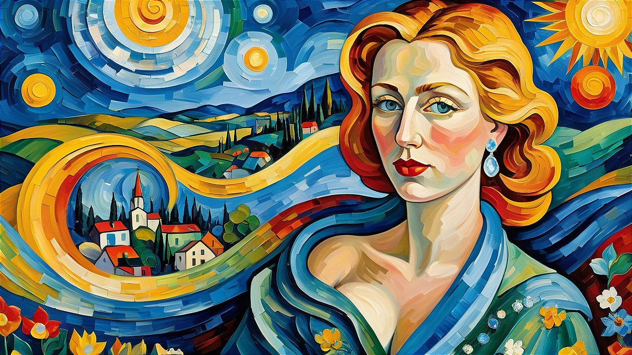 Vibrant Portrait of a Woman in Abstract Landscape
